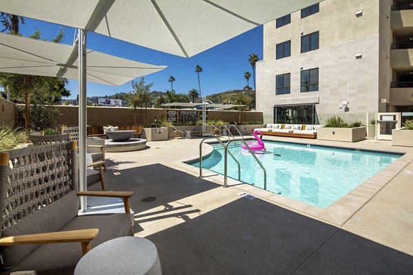 Rooftop pool with panoramic views at Rae on Sunset Apartments in Hollywood, Los Angeles
