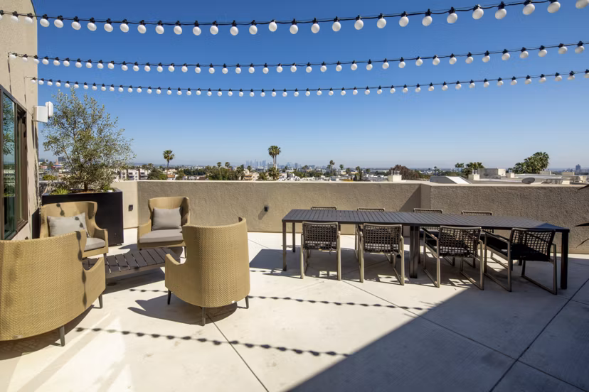 Rooftop deck offering skyline views at Rae on Sunset Apartments