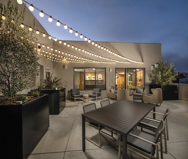 Rooftop deck with city views at Rae on Sunset Apartments, a luxury Greystar community in Los Angeles
