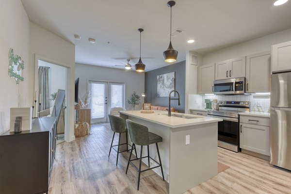 Modern kitchen with stainless steel appliances in Tacara Gruene Apartments luxurious interiors