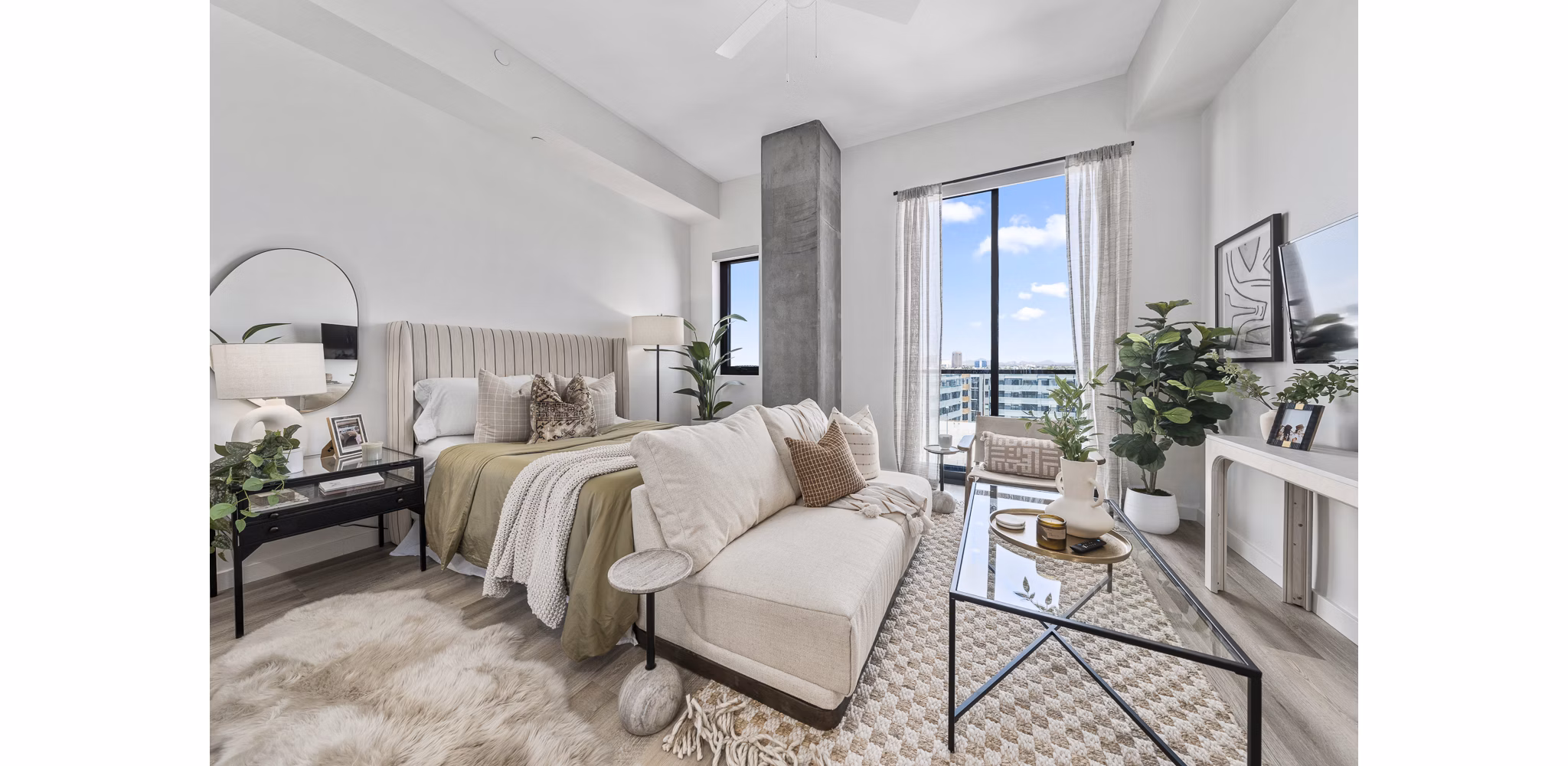 Spacious bedroom with modern decor at Moontower PHX Apartments in Phoenix