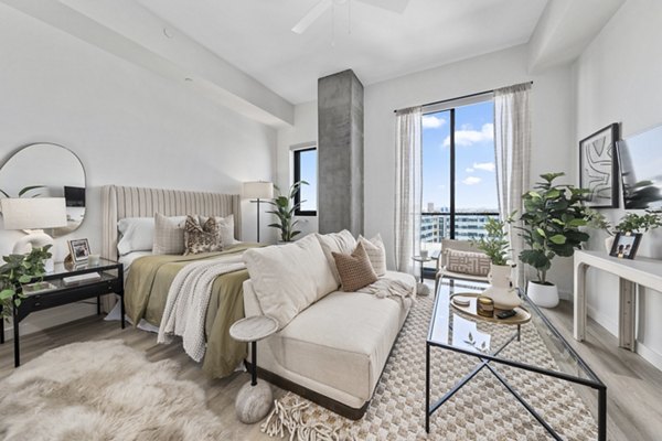 Spacious bedroom with modern decor at Moontower PHX Apartments in Phoenix