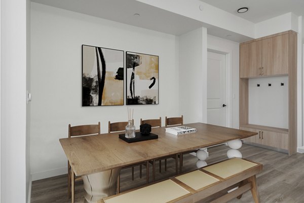 Clubhouse with modern design features at Moontower PHX Apartments, offering luxury amenities and spacious lounging areas