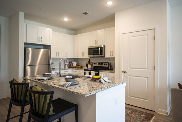 Kitchan area with modern appliances and sleek countertops in The Whitby luxury apartments
