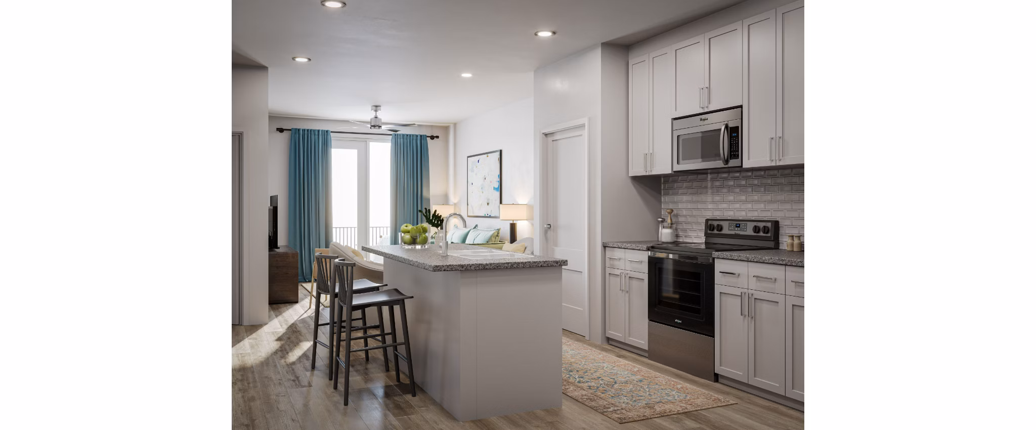 Modern kitchen with stainless steel appliances at The Whitby luxury apartments