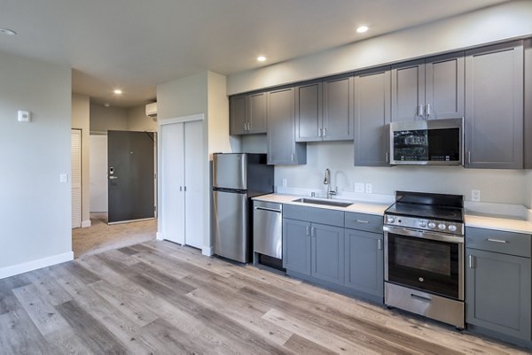 Kitchen with modern appliances and granite countertops at 888 4th Street Apartments Luxury open-plan layout ideal for cooking and entertaining