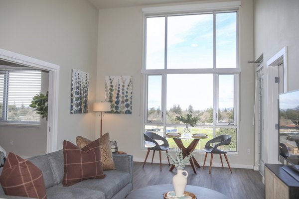 Cozy living room with modern furniture at 888 4th Street Apartments, showcasing elegant design and comfort for residents