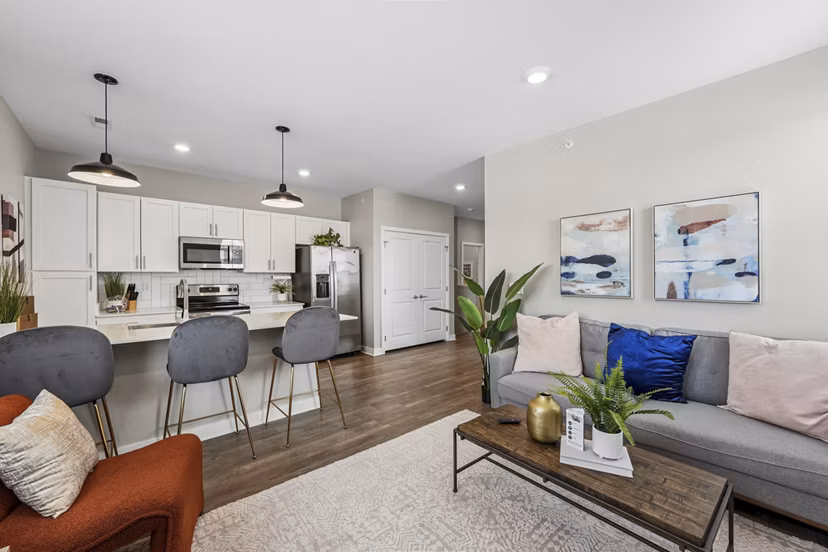 Living room with modern decor and natural light at Vestara 72 Apartments luxury apartments