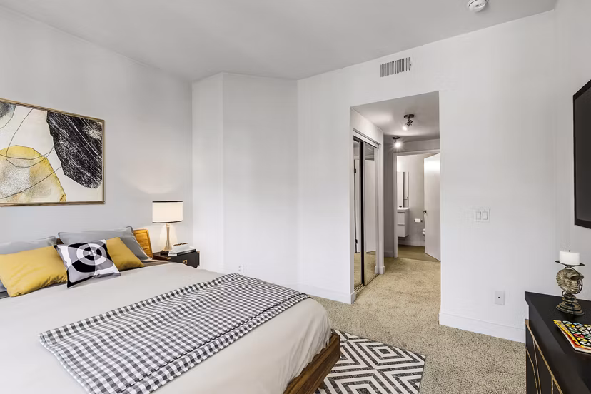 Modern bedroom with stylish furnishings at Cahuenga Heights Apartments offering luxury living