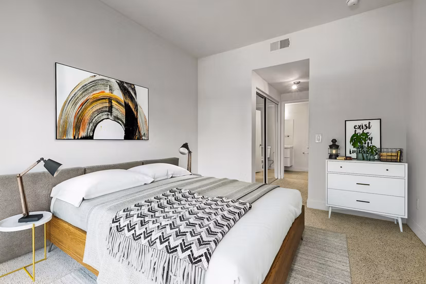 Modern bedroom with elegant decor at Cahuenga Heights Apartments