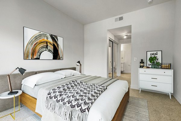 Modern bedroom with elegant decor at Cahuenga Heights Apartments