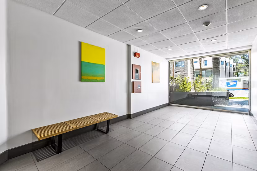 Welcoming clubhouse lobby entrance with modern decor at Cahuenga Heights Apartments