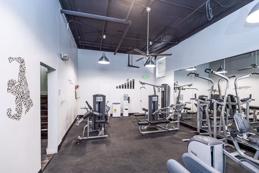 Modern fitness center with state-of-the-art equipment at Del Mor Apartments