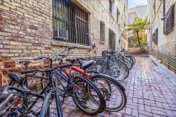 bike storage/patio at Del Mor Apartments