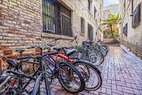 Secure bike storage and spacious patio at Del Mor Apartments