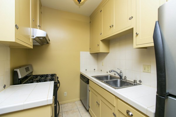 Kitchen area featuring modern appliances and sleek cabinetry in Delta Apartments