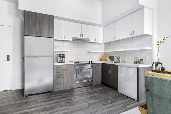 Modern kitchen with stainless steel appliances in Edendale Crossing Apartments