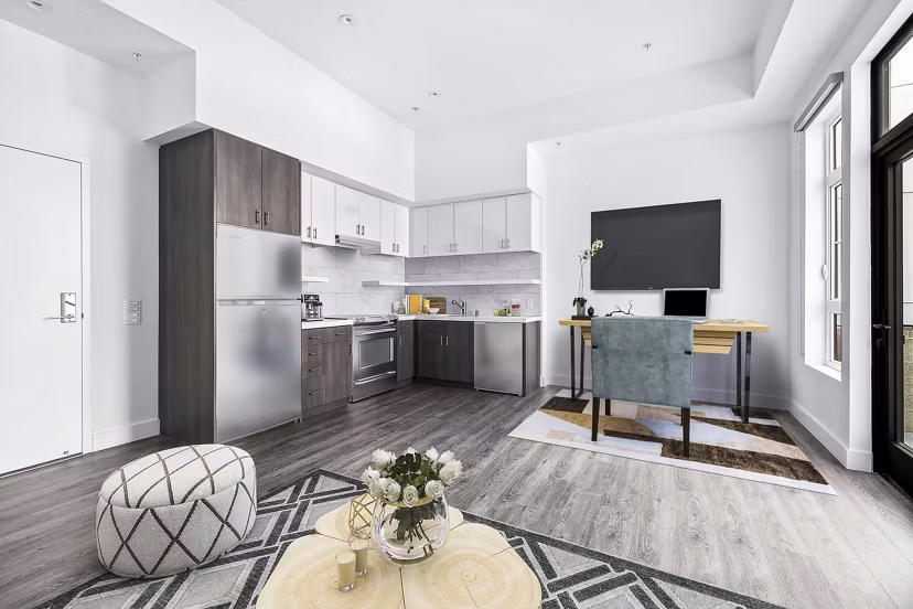 Modern kitchen featuring stainless steel appliances in Edendale Crossing Apartments