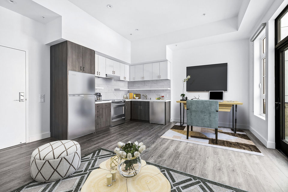 Modern kitchen featuring stainless steel appliances in Edendale Crossing Apartments