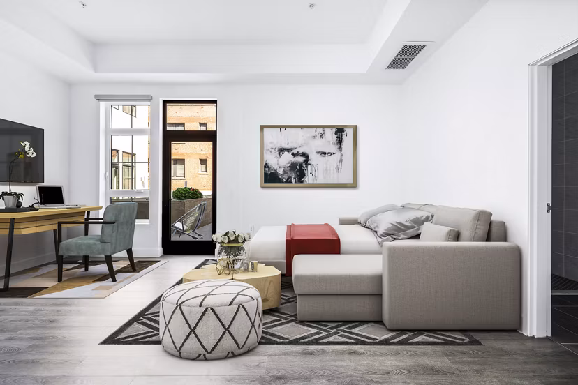 Studio bedroom/home office with modern furnishings at Edendale Crossing Apartments in a vibrant location