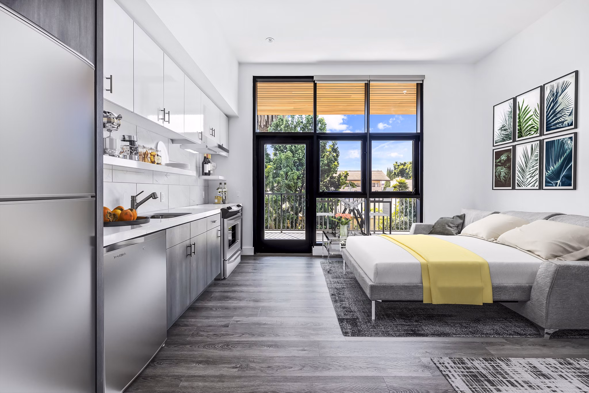 Cozy studio bedroom with modern kitchen at Edendale Crossing Apartments