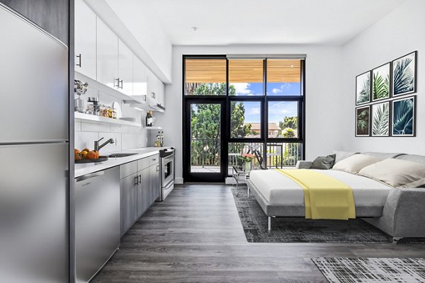 Cozy studio bedroom with modern kitchen at Edendale Crossing Apartments