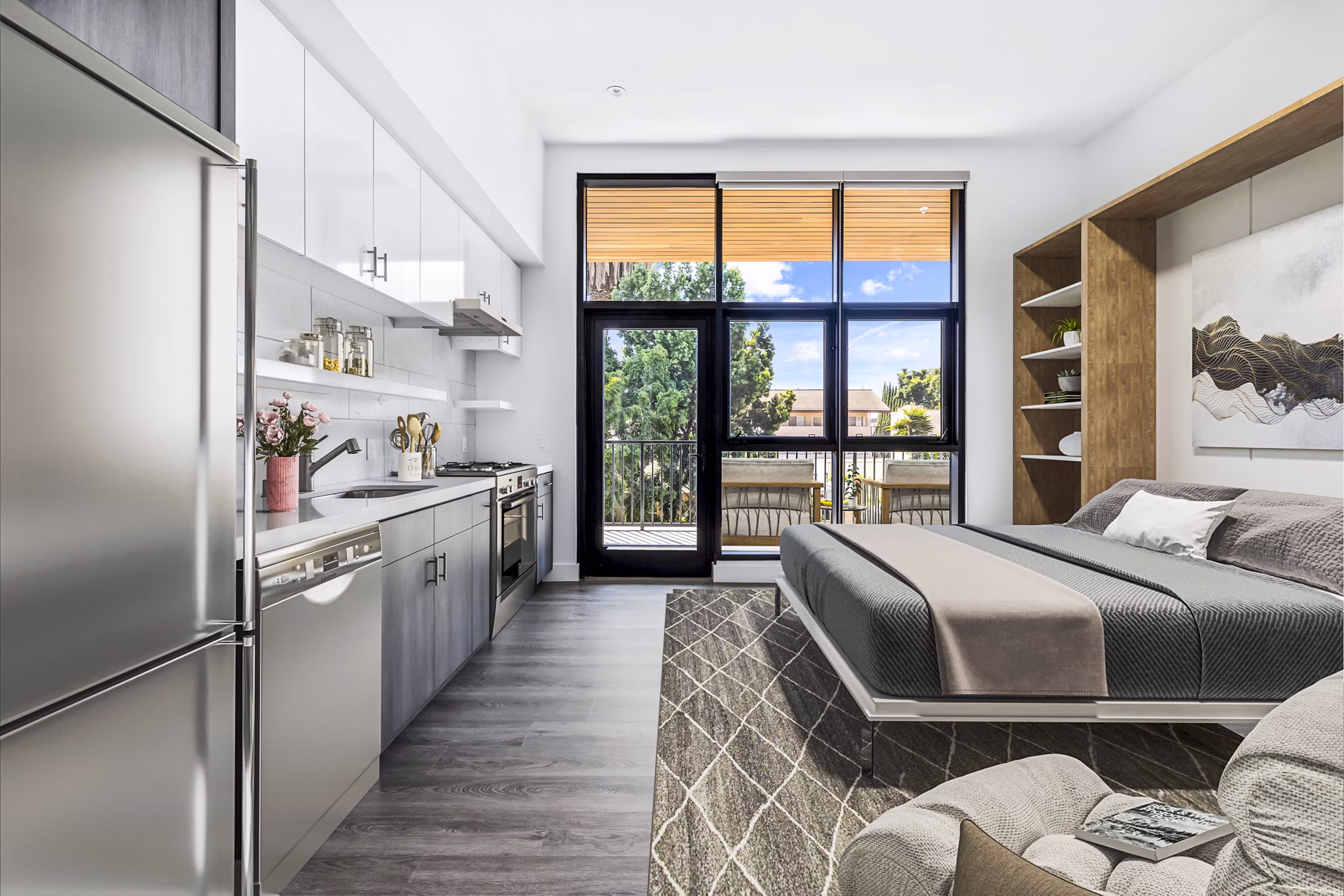 Studio bedroom/kitchen with modern finishes at Edendale Crossing Apartments