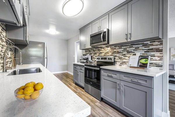 Modern kitchen with stainless steel appliances at The Fulton Apartments