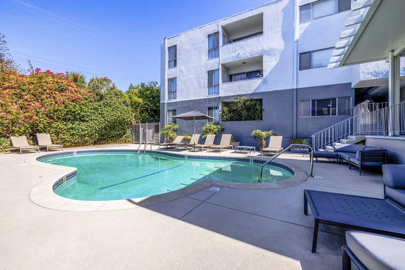 Elevated pool with skyline views at The Fulton Apartments in downtown