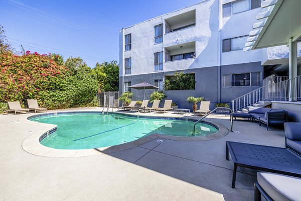 Elevated pool with skyline views at The Fulton Apartments in downtown