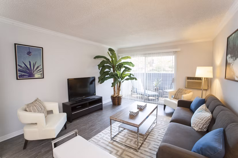 Spacious living room with modern decor and natural light at Milano Apartments