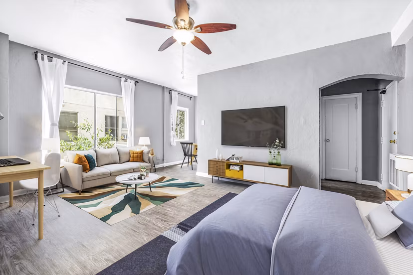 Cozy studio living room with stylish decor in North Kingsley Apartments
