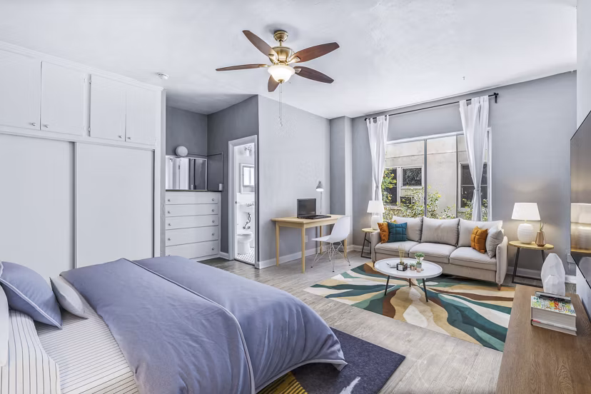 Studio featuring modern decor and open living area at North Kingsley Apartments Ideal for space-efficient luxury living in urban settings