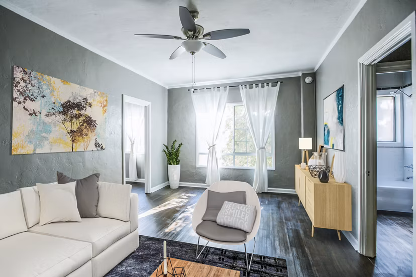 Spacious living room with modern dÃ©cor in North Kingsley Apartments, a luxurious Greystar community offering upscale living experiences