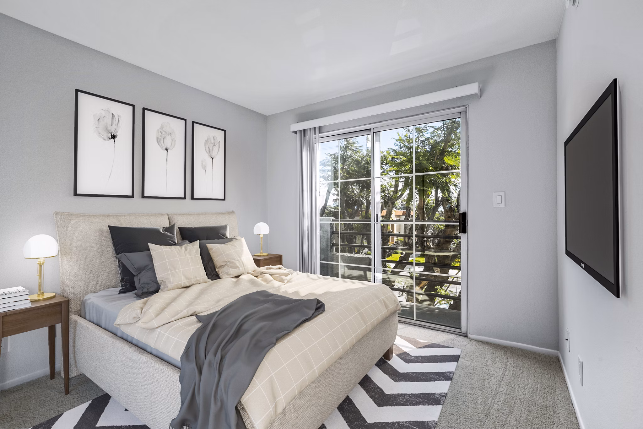Nova Townhomes Apartments: Modern bedroom with cozy decor and large windows in luxury apartments