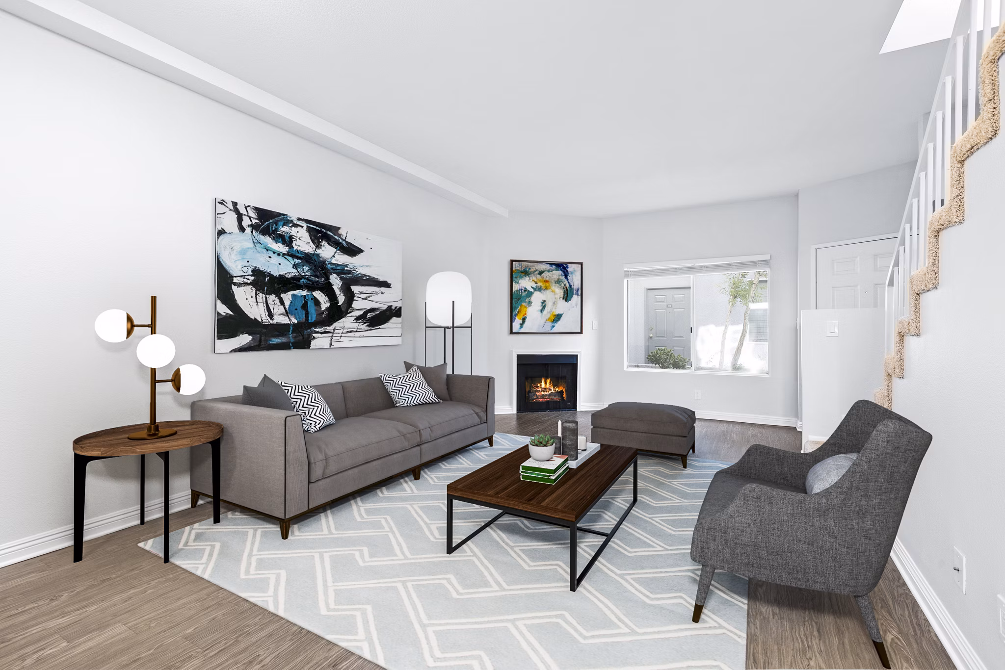 Spacious living room with contemporary design elements in Nova Townhomes Apartments
