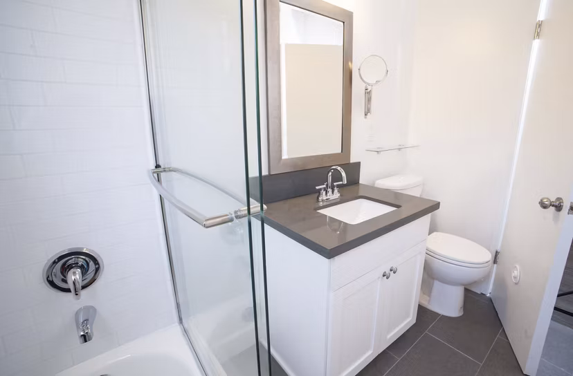 Modern bathroom with sleek fixtures at Pacific Rose Apartments, Greystar luxury property