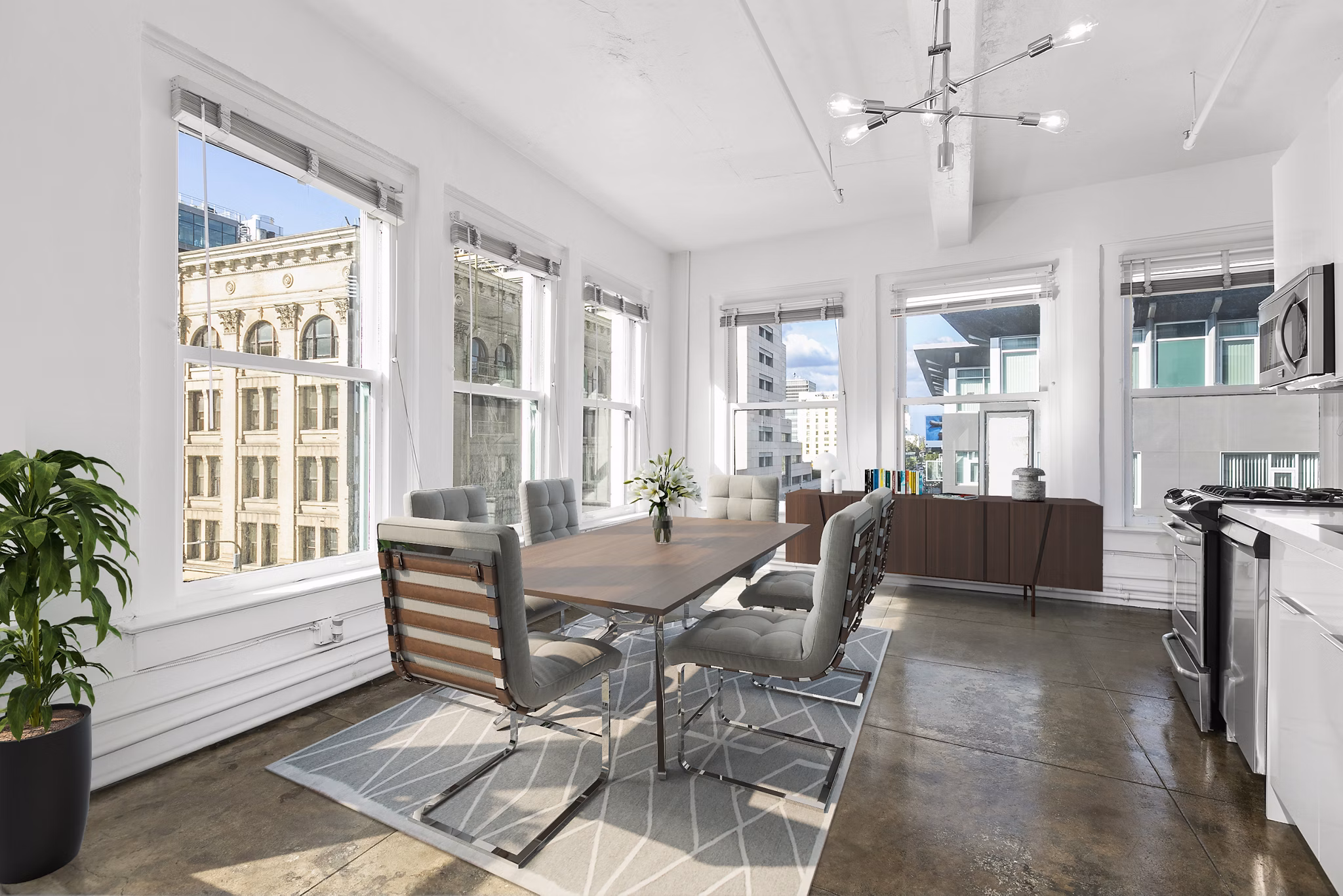 Elegant dining area with modern decor at San Fernando Building Apartments in downtown Los Angeles