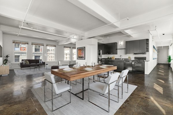 Elegant dining area with modern decor at San Fernando Building Apartments in Los Angeles, perfect for luxury dining experiences