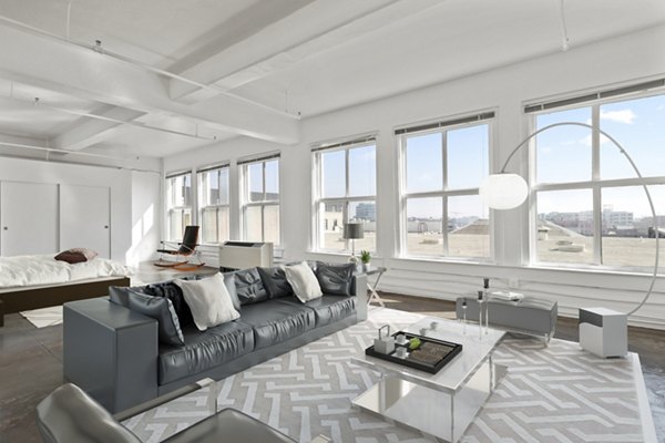 Spacious living room with modern decor at San Fernando Building Apartments in downtown Los Angeles