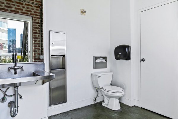 Modern bathroom with sleek fixtures at South Park Lofts Apartments, offering luxury living