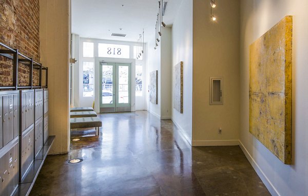 Clubhouse lobby featuring contemporary design at South Park Lofts Apartments