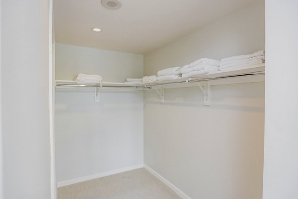 Empty walk-in closet with shelves holding folded towels at The View Apartments