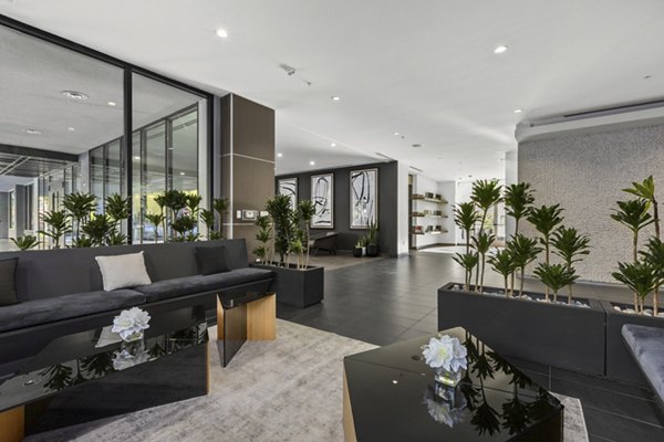 Sleek lobby with black furniture, plants, and large windows at The View Apartments