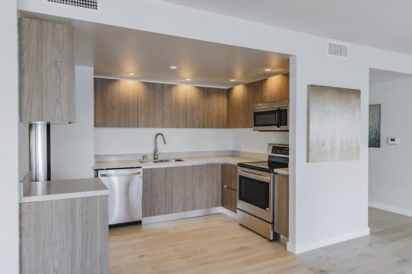 Sleek kitchen with stainless steel appliances and wooden cabinets at The View Apartments