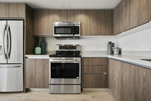 Sleek kitchen featuring stainless steel appliances and wooden cabinets in The View Apartments, luxury living by Greystar