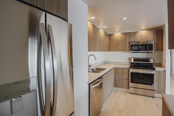 Sleek kitchen featuring stainless steel appliances and wooden cabinets at The View Apartments, a Greystar luxury apartment community