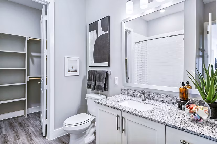 Modern bathroom with luxurious fixtures in The Gin Mill Apartments