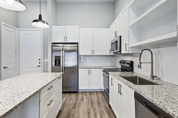 Modern kitchen featuring stainless steel appliances and sleek countertops at The Gin Mill Apartments