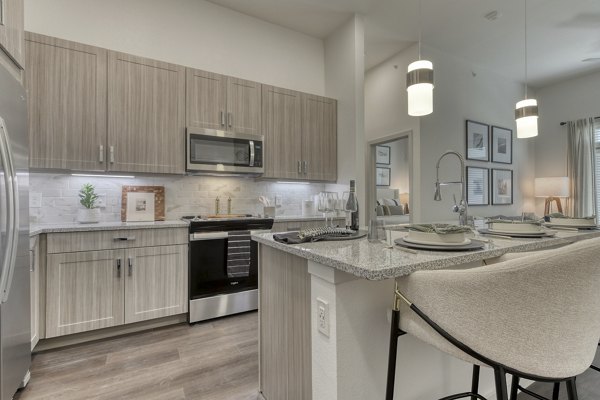 Modern kitchen featuring stainless steel appliances at Aventura Bellevue Apartments